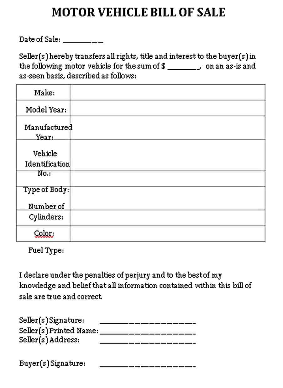 Automobile Bill of Sale Template Free Download