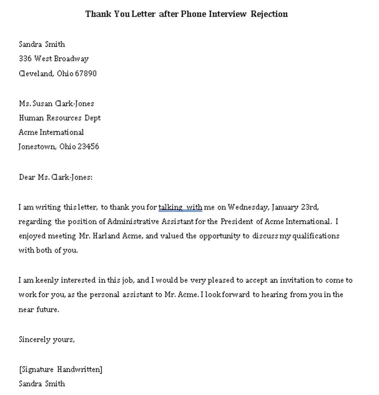 Download Thank You Letter after Phone Interview Rejection