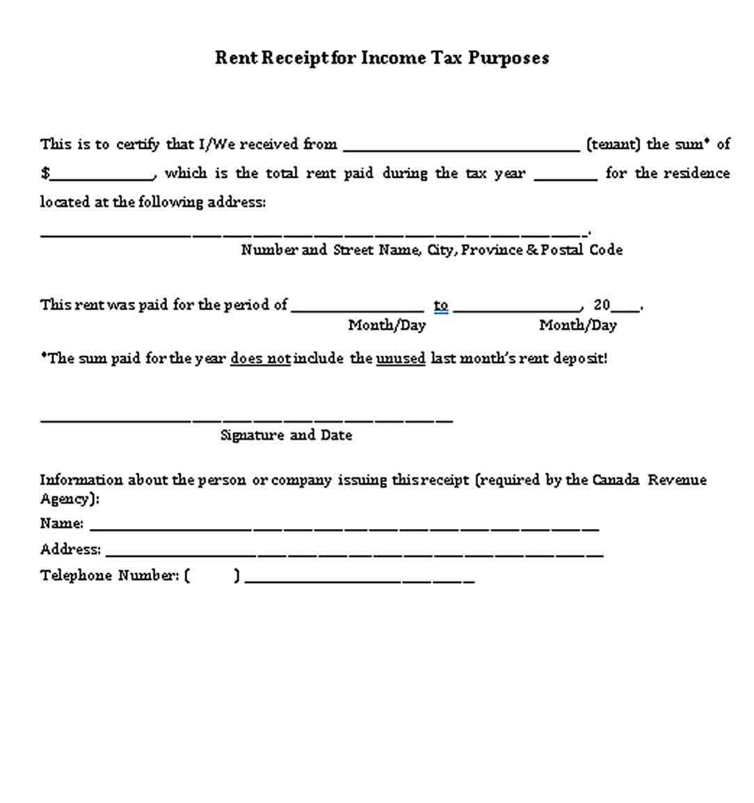 Rent Receipt for Income Tax Purposes Template