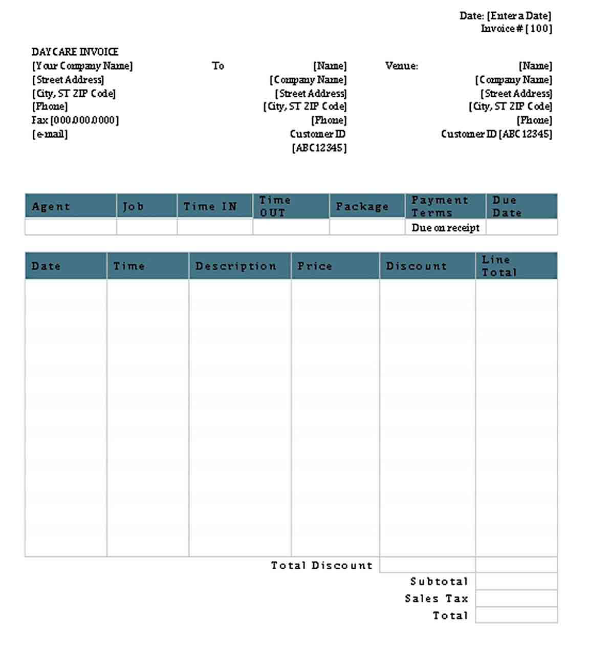 Sample Day Care Invoice ReceiptTemplate