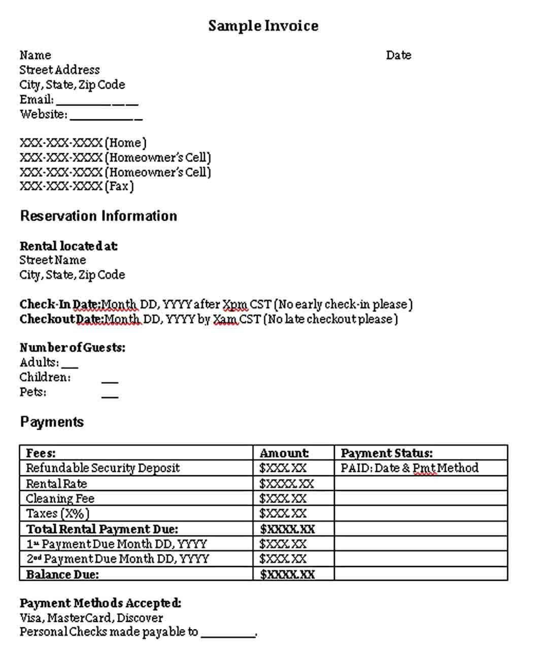 Sample Receipt for Vacation Rental Booking
