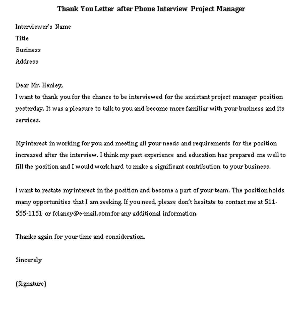 Thank You Letter after Phone Interview Project Manager