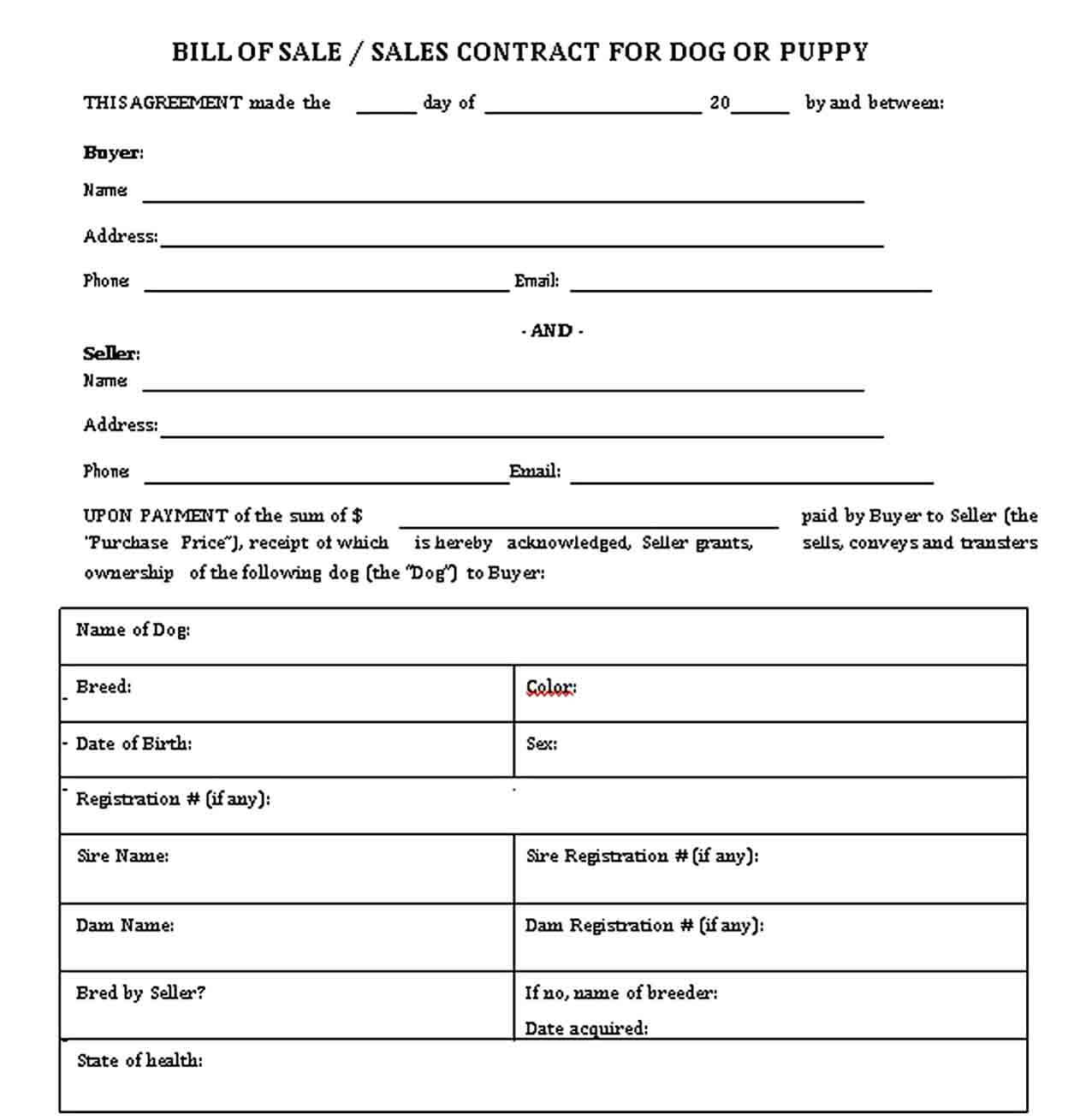 dog bill of sale template free