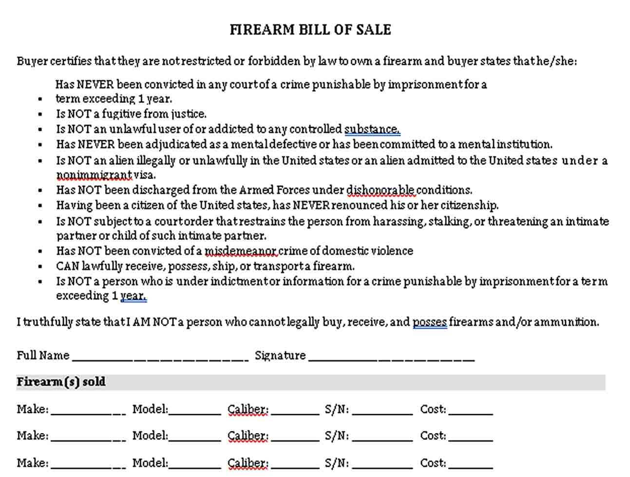firearm bill of sale template pdf 1