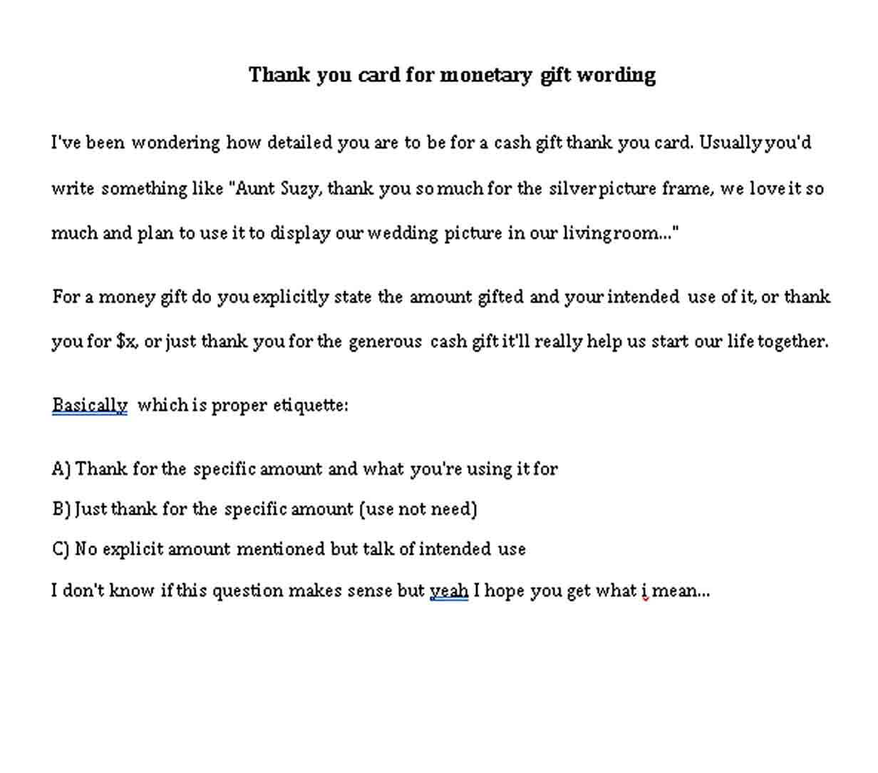 wedding thank you note wording for money