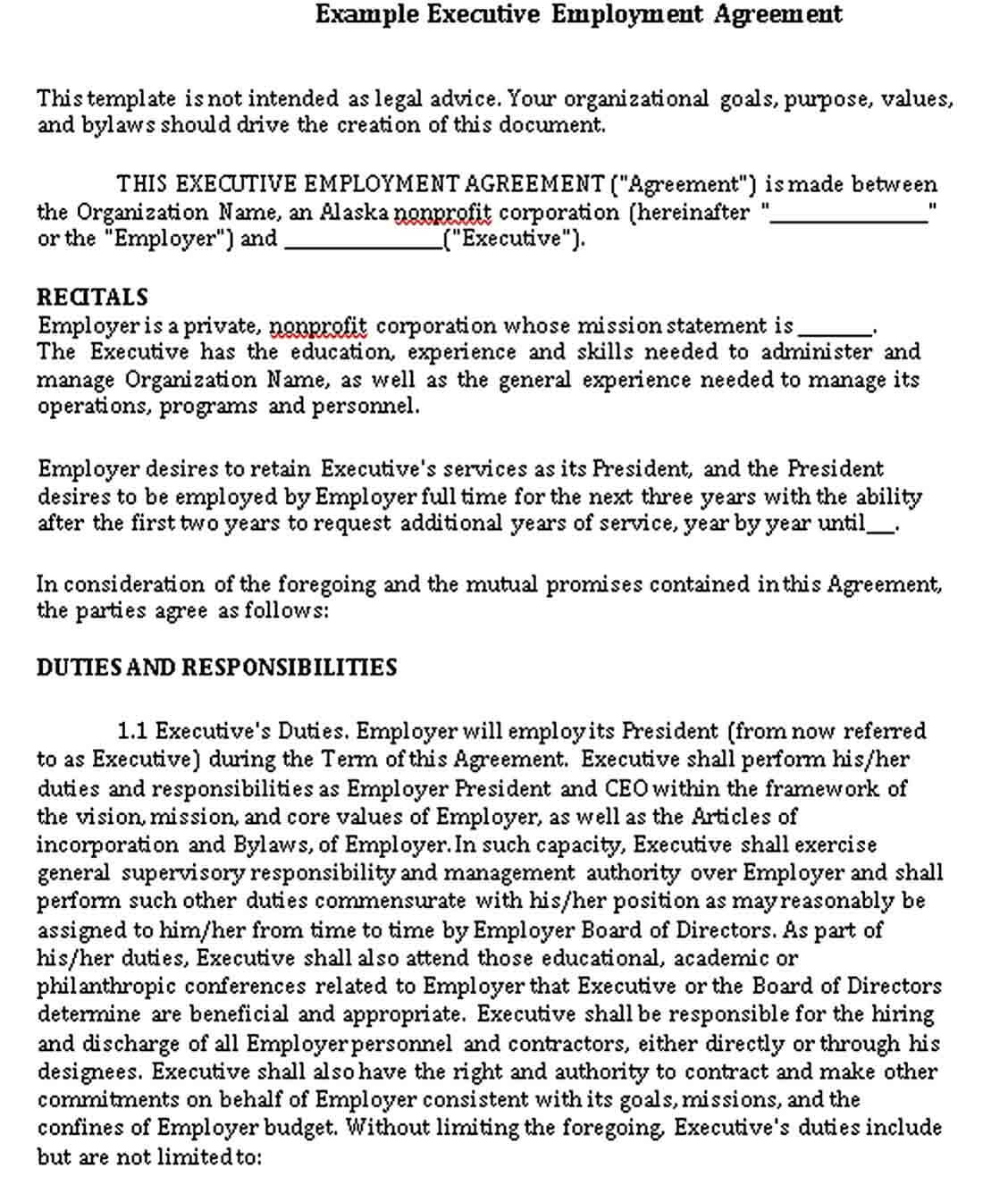 Example of Executive Employee Agreement