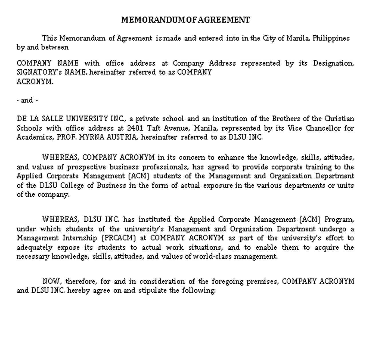 Sample ACM Memorandum of Agreement