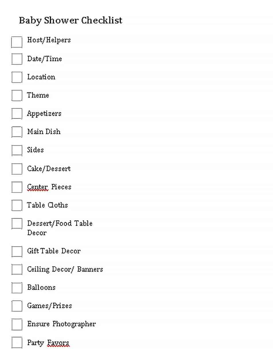 Sample Baby Shower Items Checklist Template