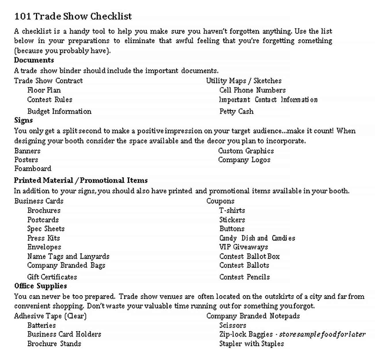 Sample Basic Trade Show Checklist