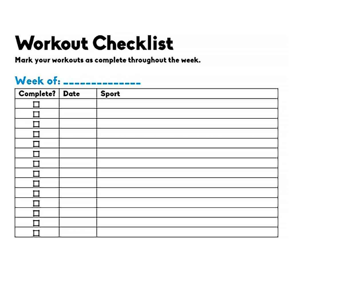 Sample Blank Workout Checklist Template