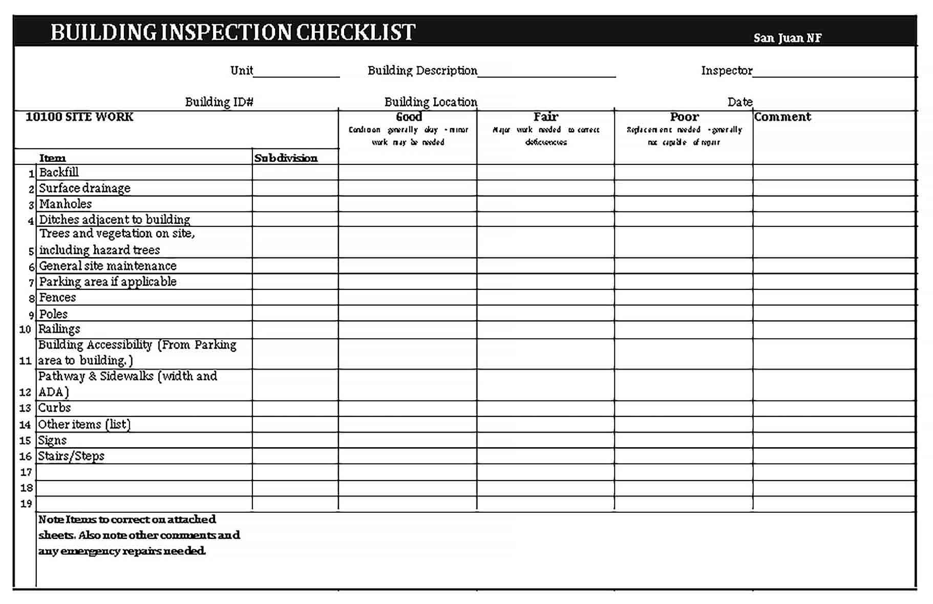 Sample Building Inspection Checklist Template 1