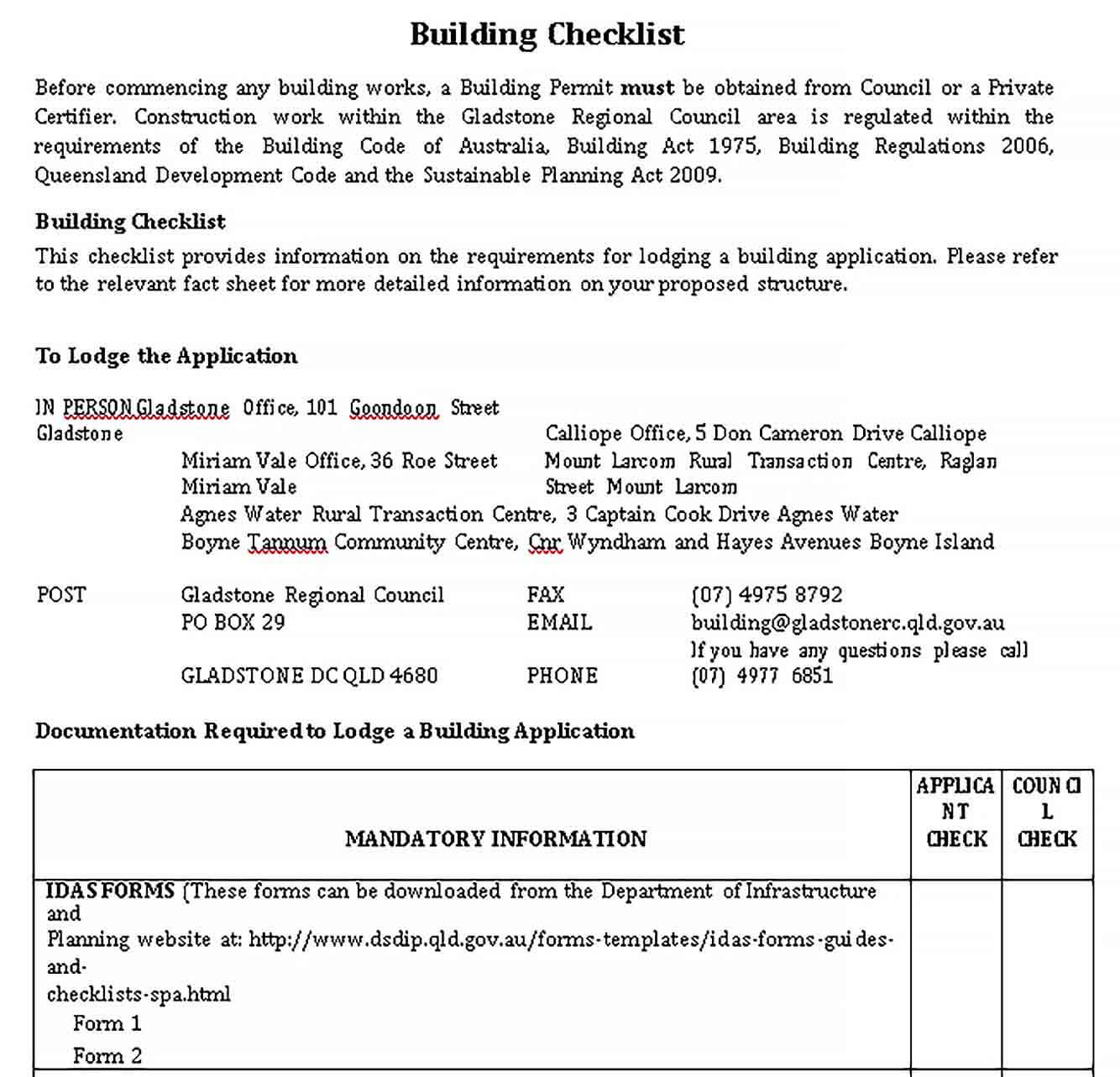 Sample Building Work Checklist