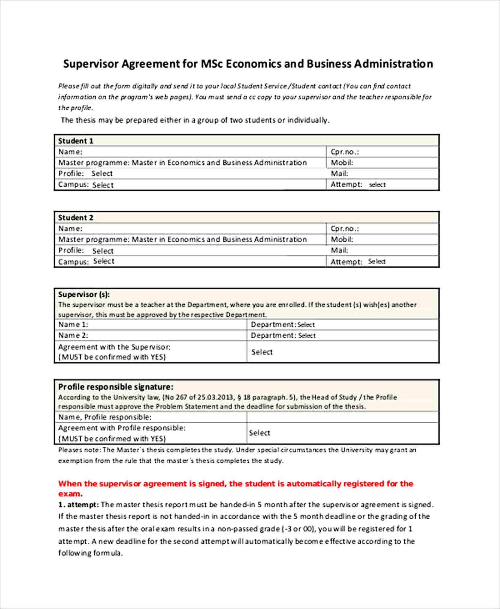 Sample Business Administration Supervisor Agreement