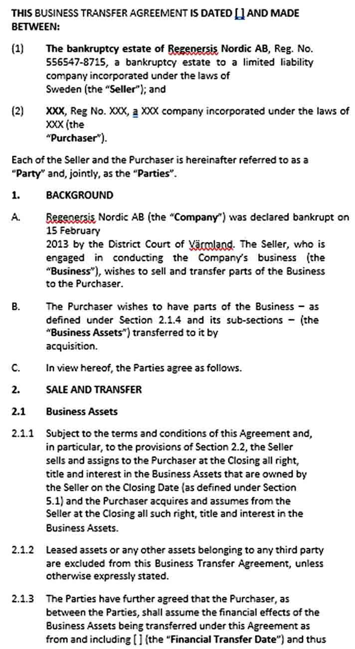 Sample Business Asset Transfer Agreement