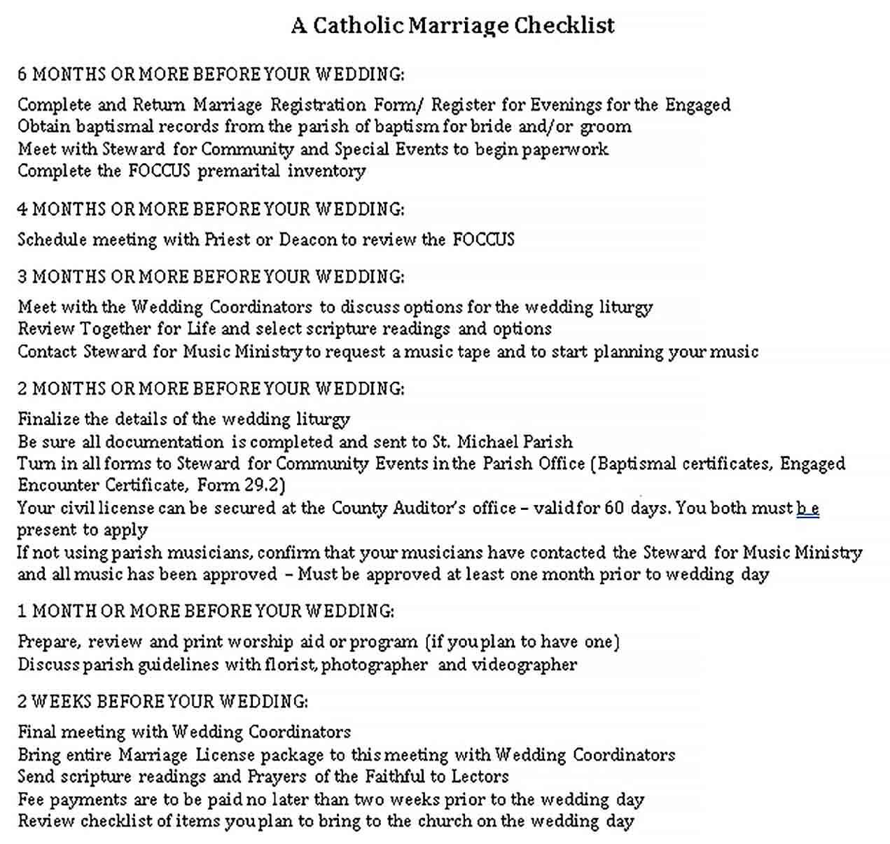 Sample Catholic Wedding Checklist 1