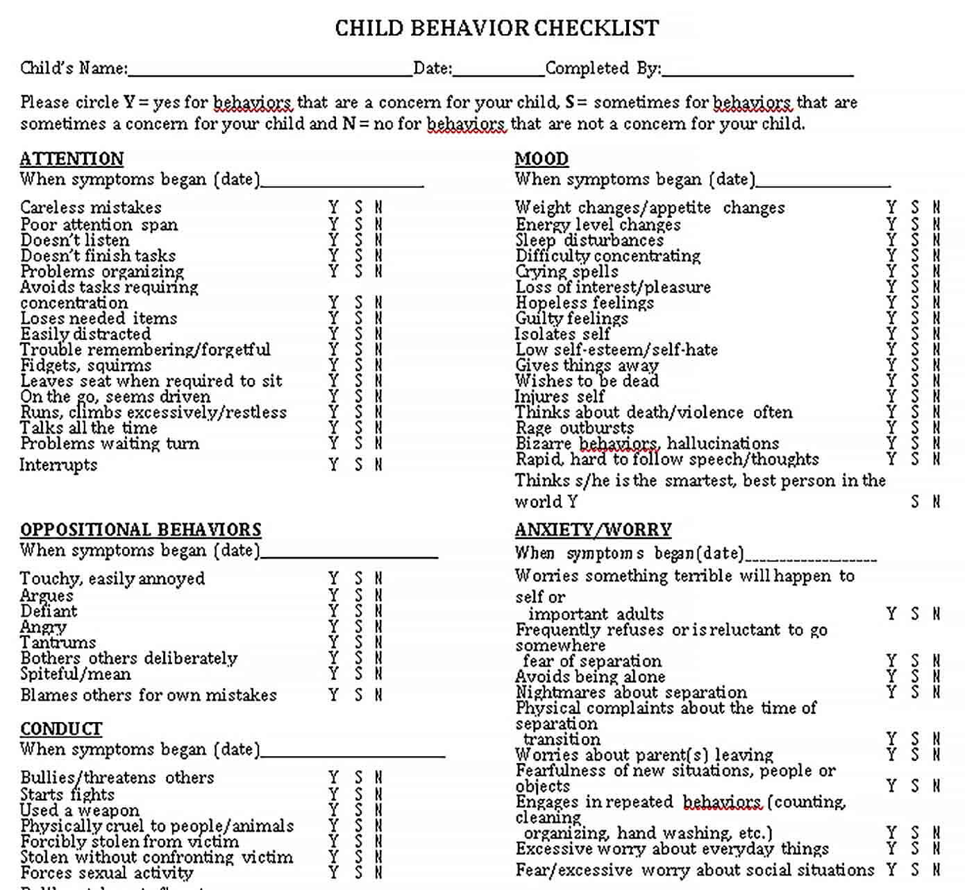Sample Child Behavior Checklist for School