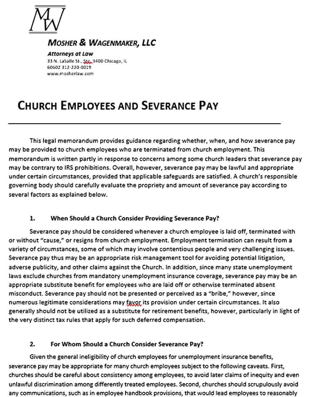Sample Church Confidentiality Agreement Employees and Severance Pay