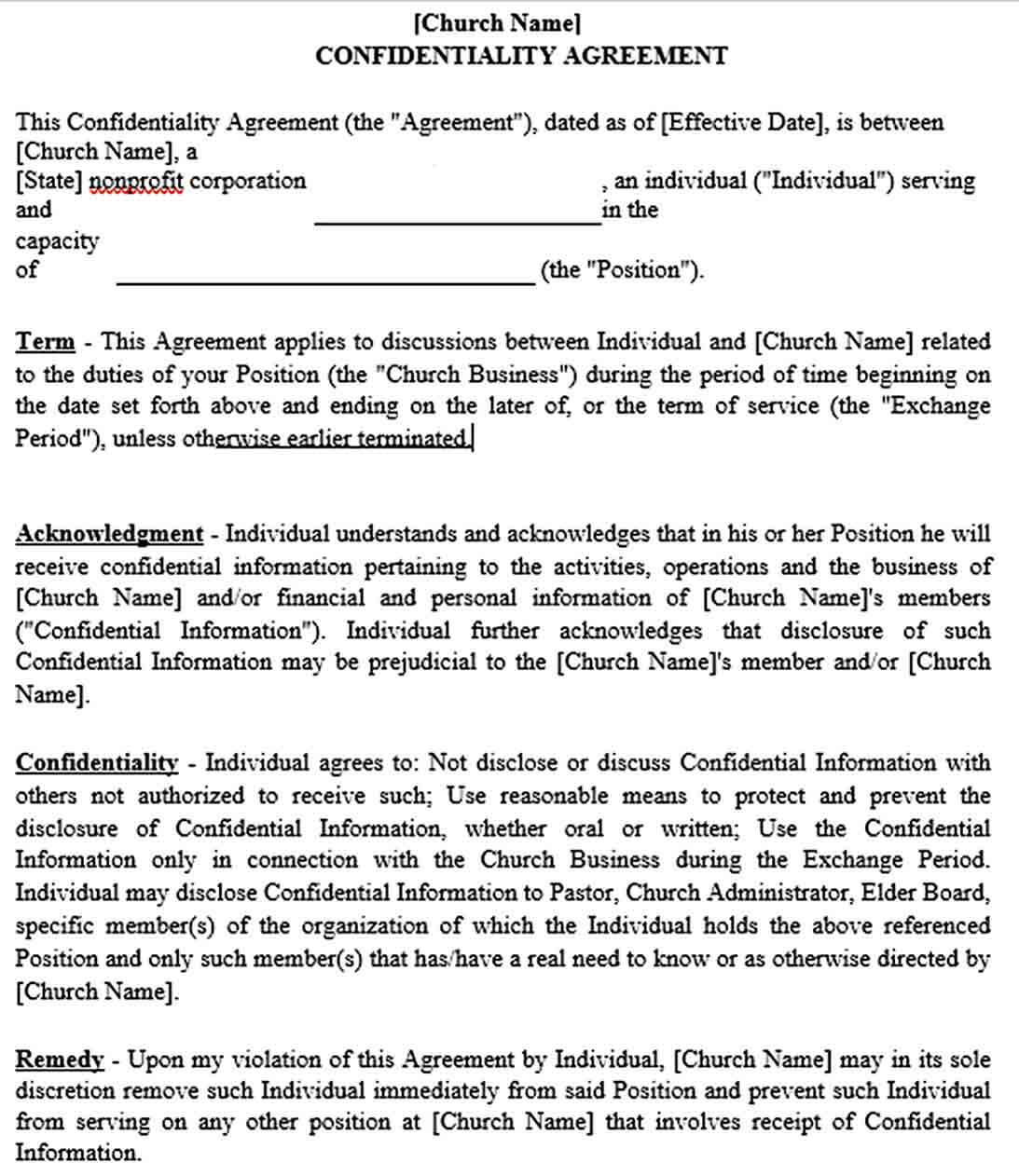 Sample Church Confidentiality Agreement for Donor