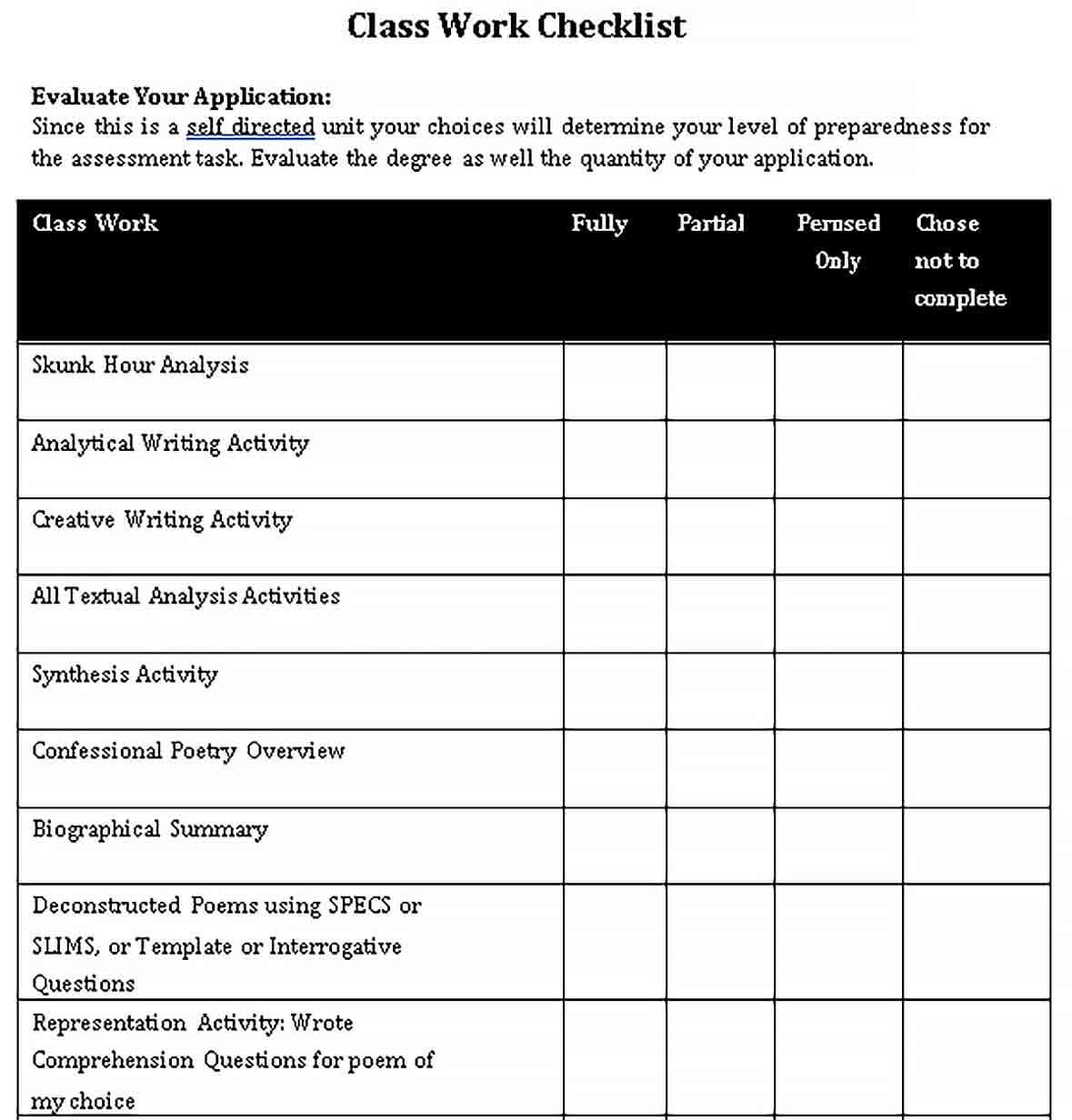 Sample Class Work Checklist