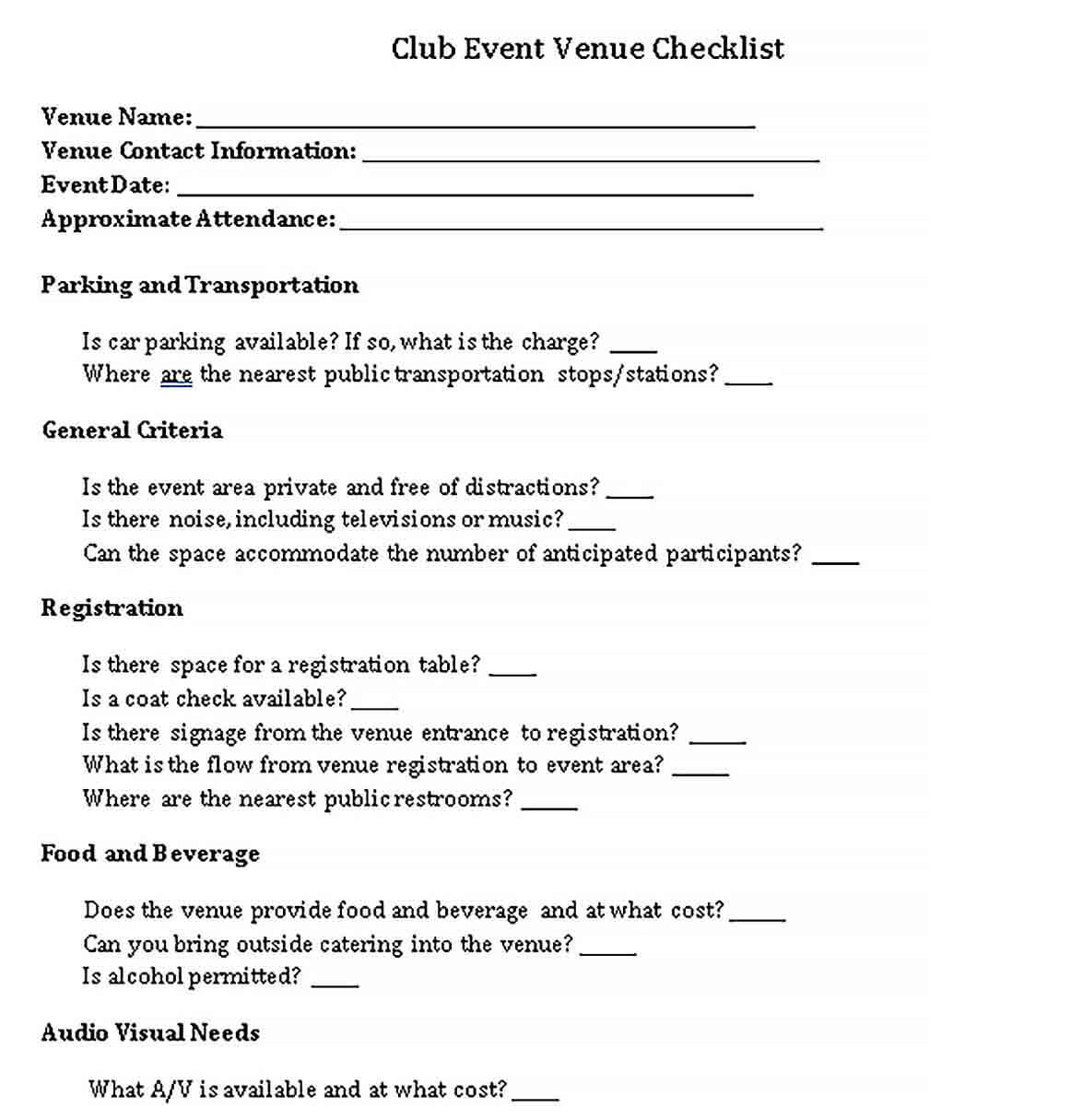 Sample Club Event Venue Checklist