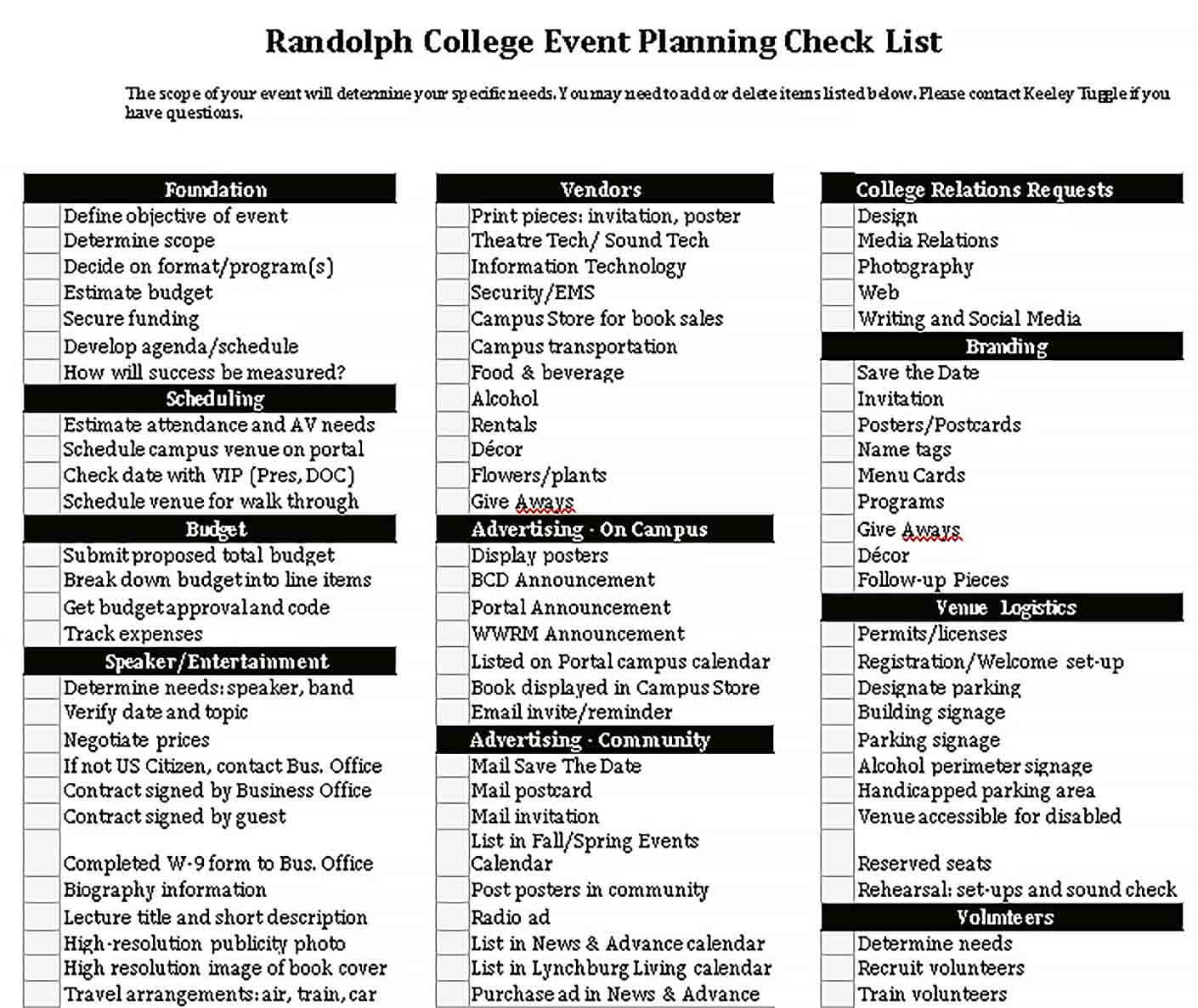 Sample College Event Planning Checklist Template