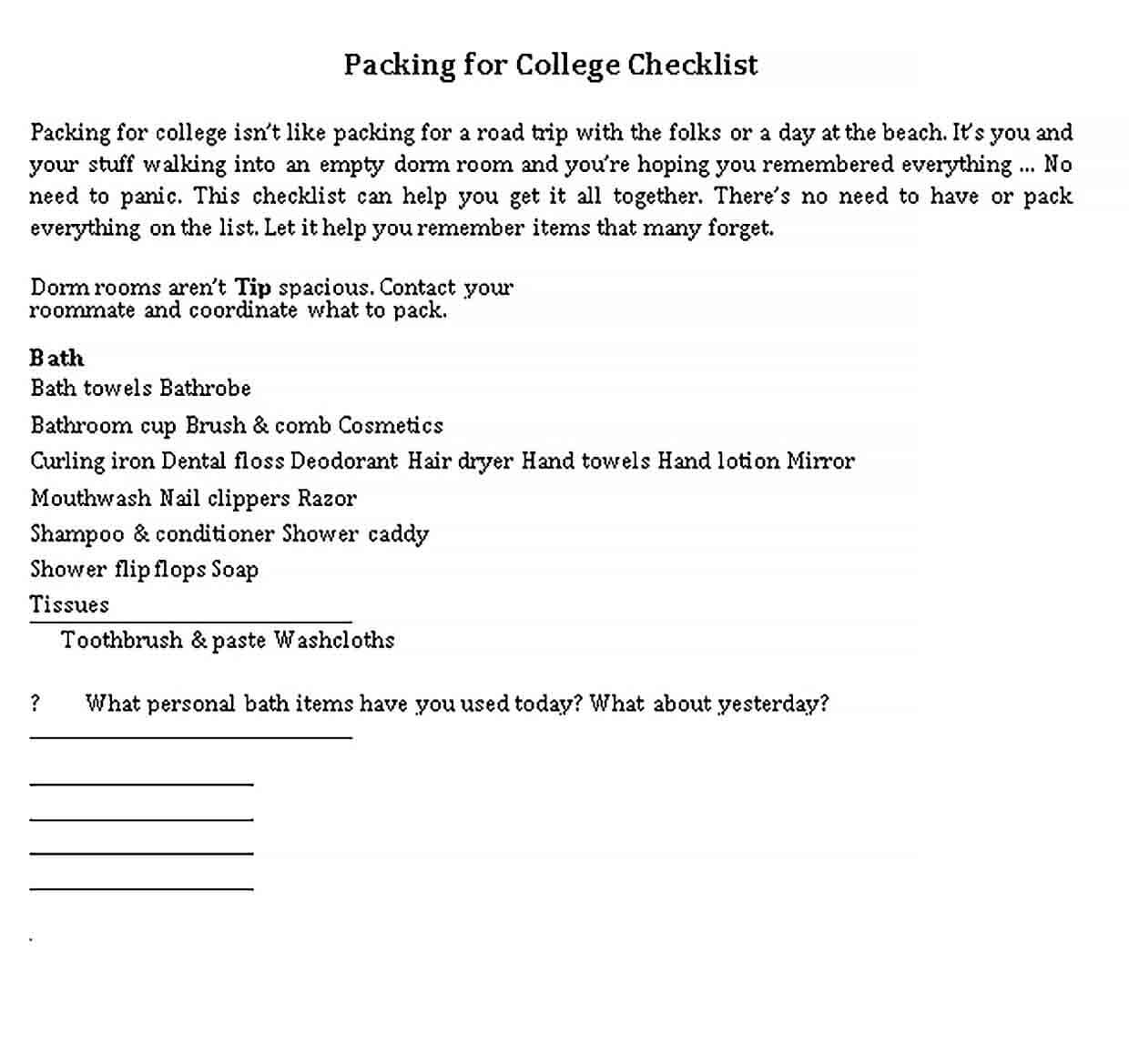 Sample College Packing Checklist