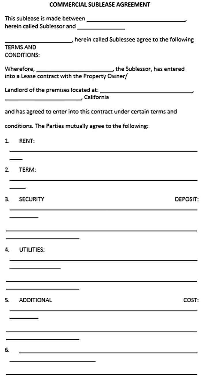 Sample Commercial Sublease Agreement Template