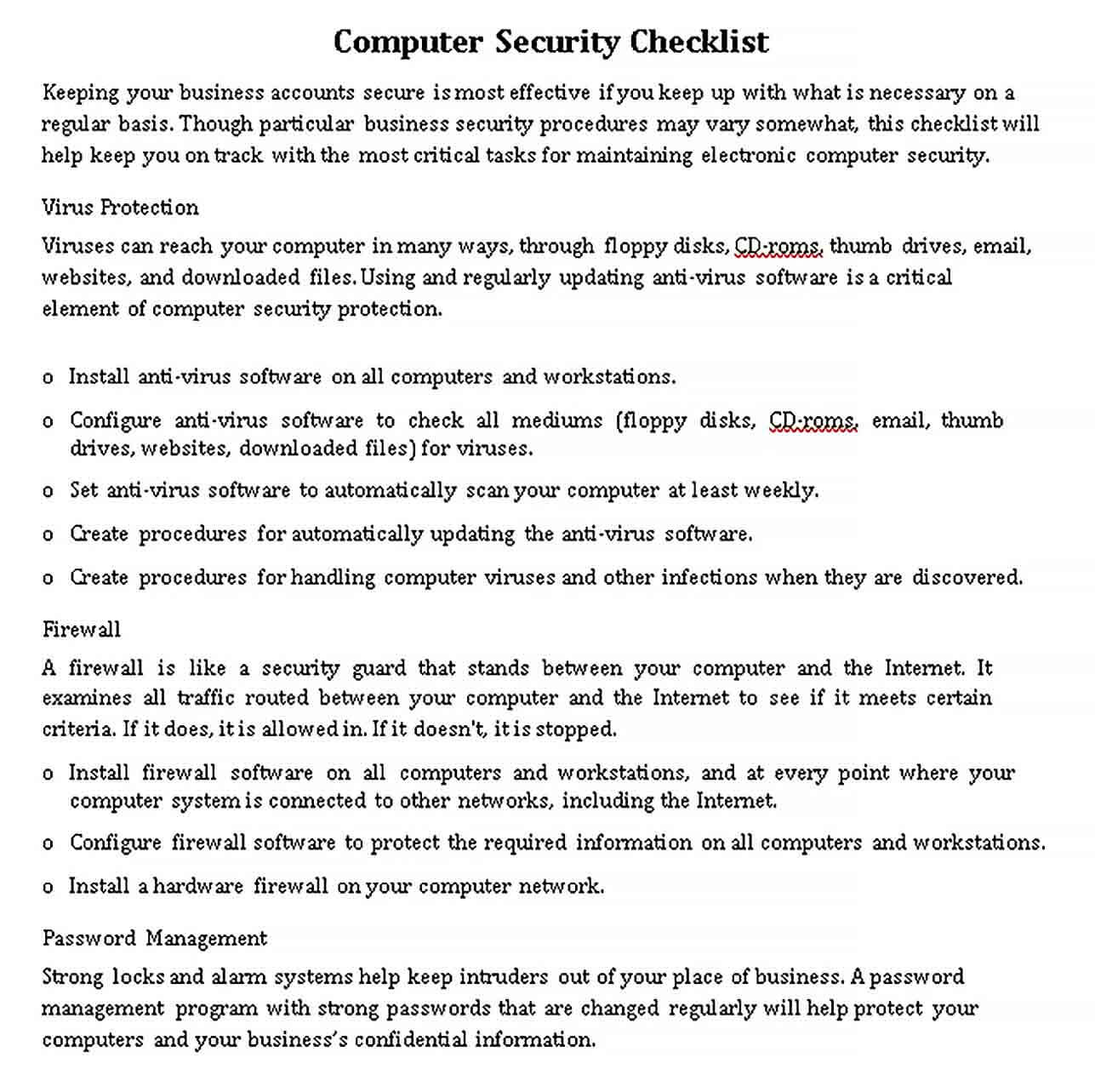Sample Computer Security Checklist Template