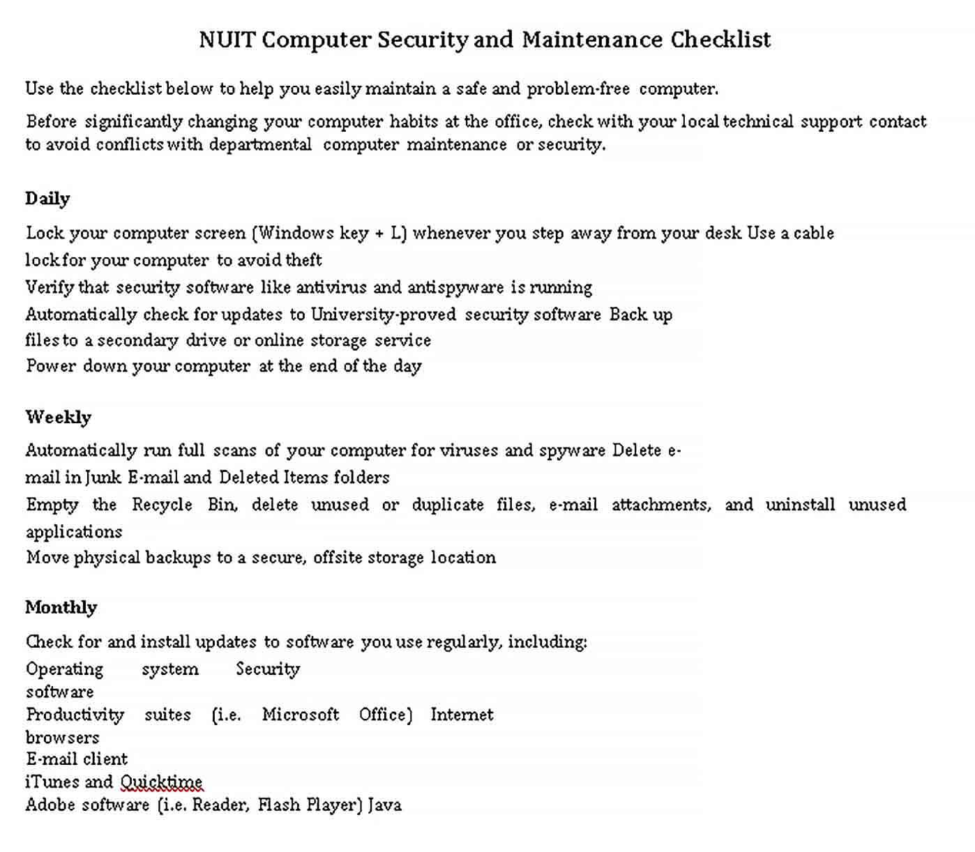 Sample Computer Security and Maintenance Checklist Example