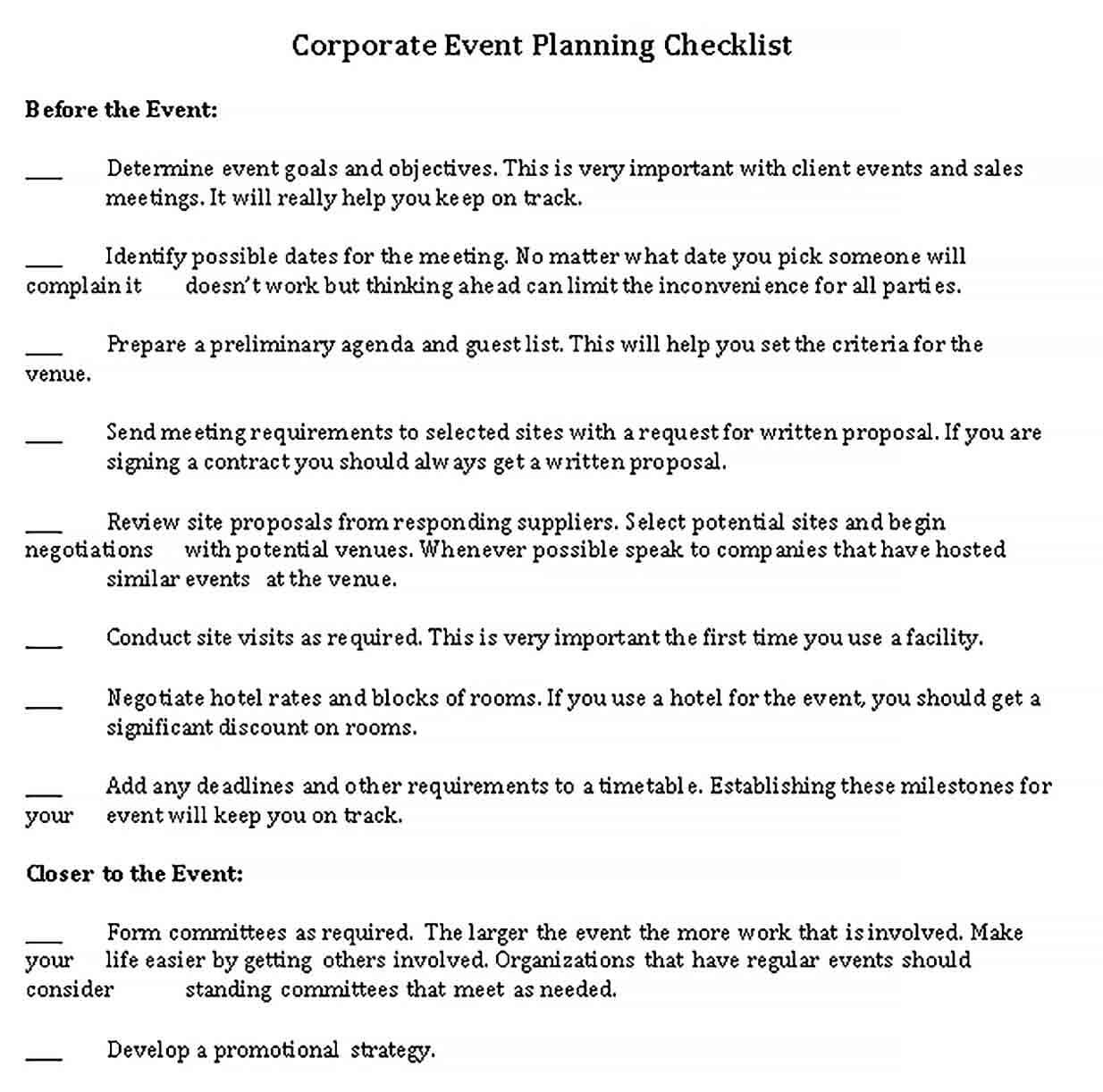 Sample Corporate Event Planning Checklist Template in Word
