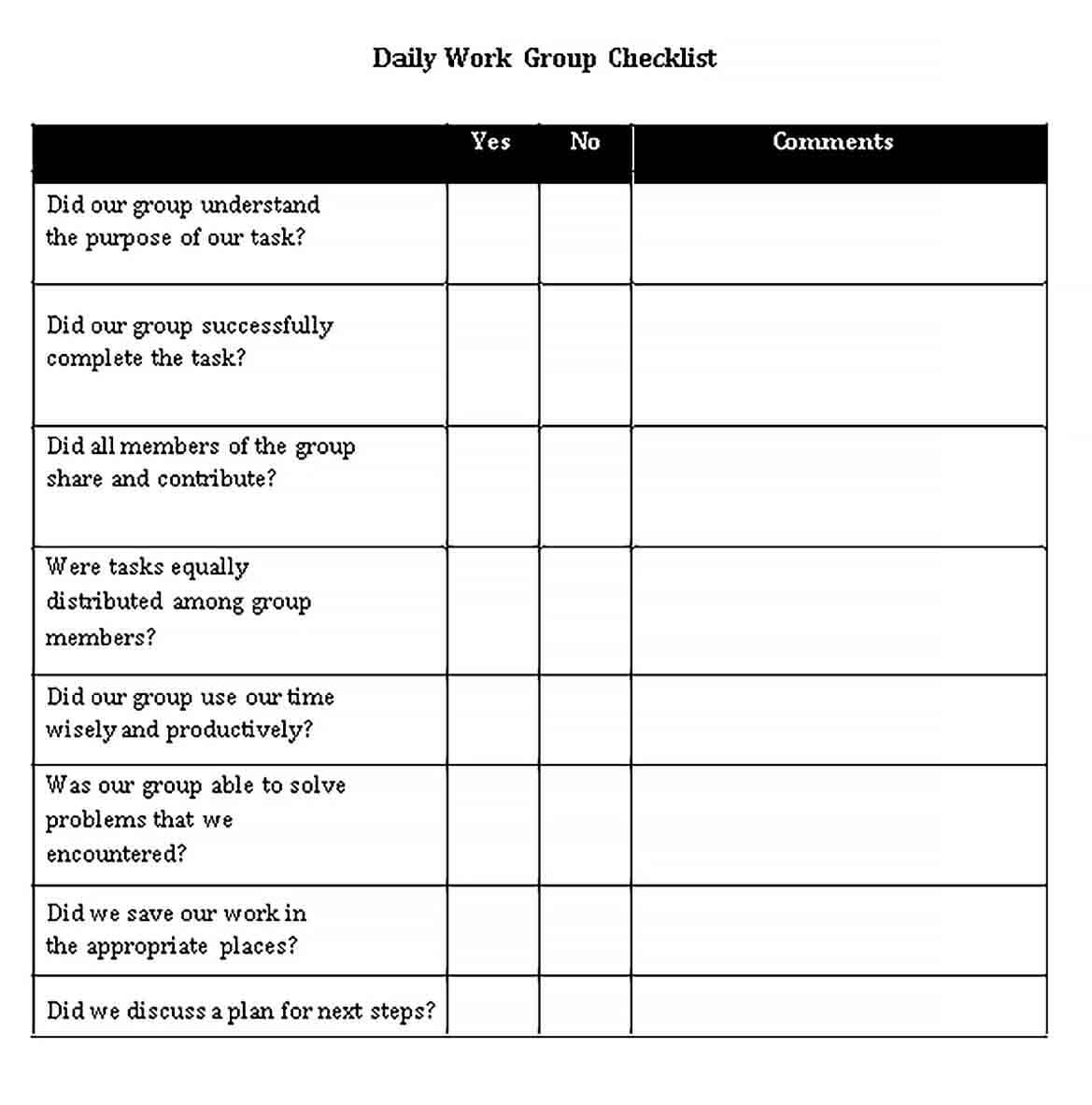 Sample Daily Work Checklist