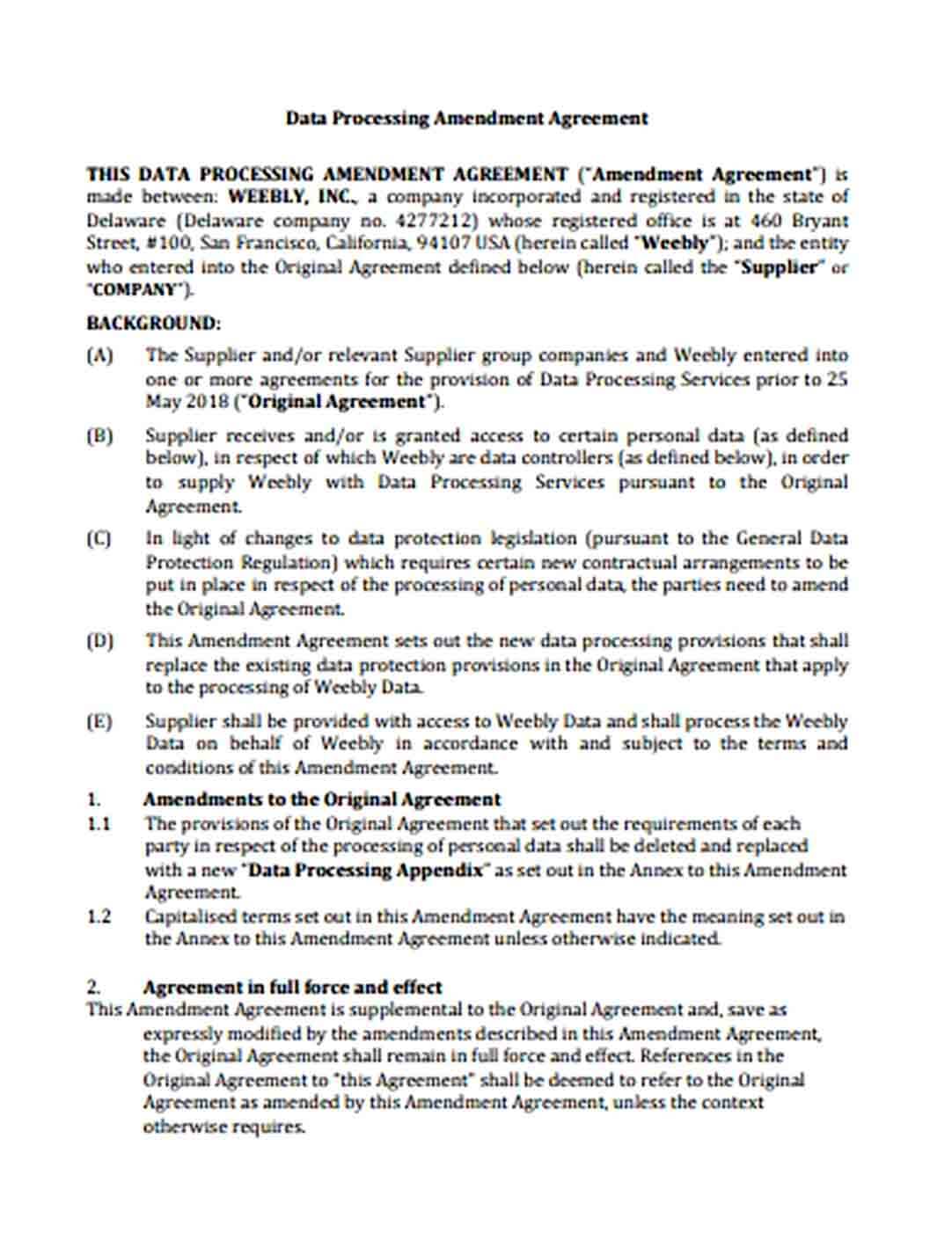 Sample Data Processing Amendment Agreement Template