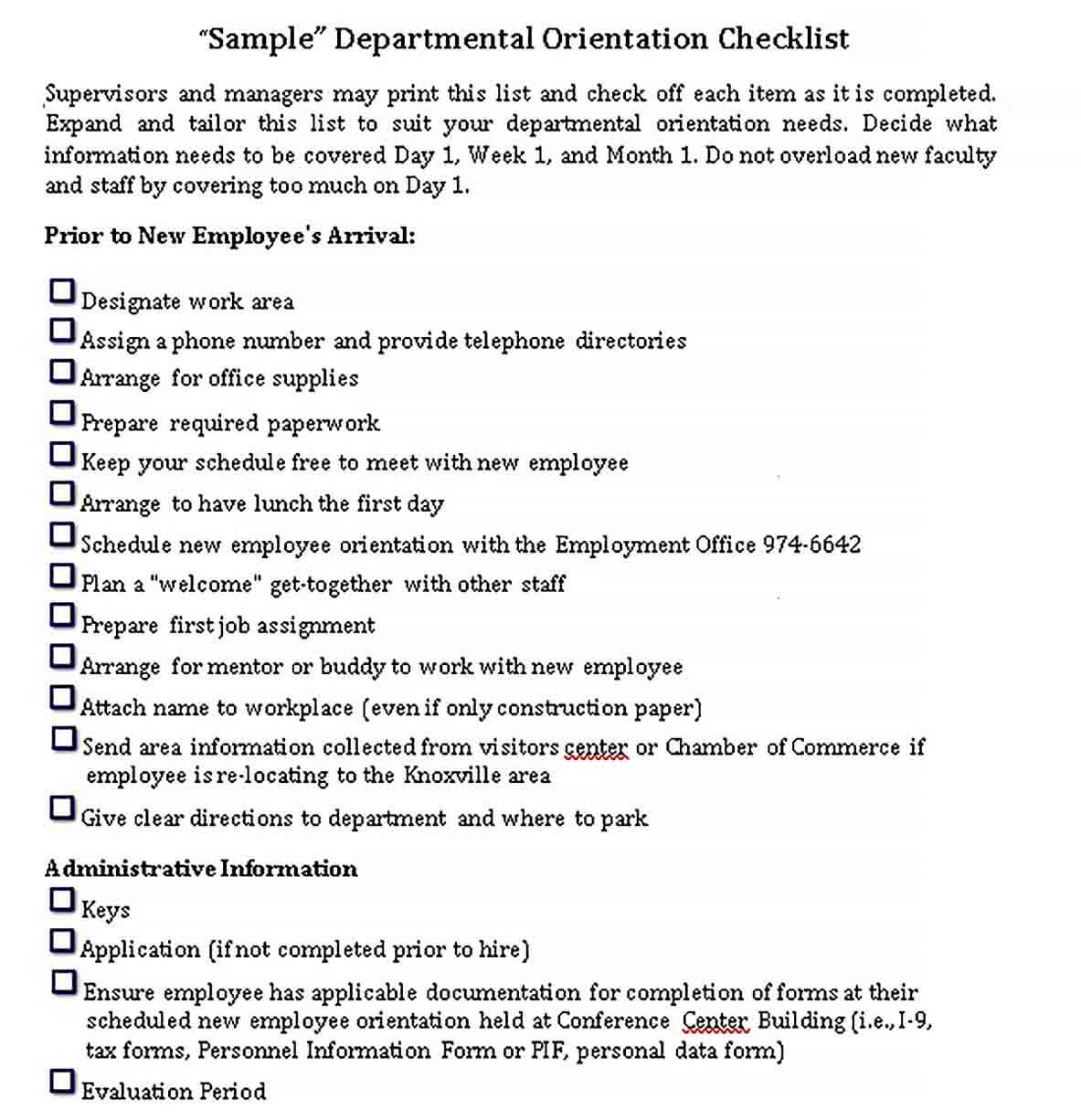 Sample Departmental Orientation Checklist Template