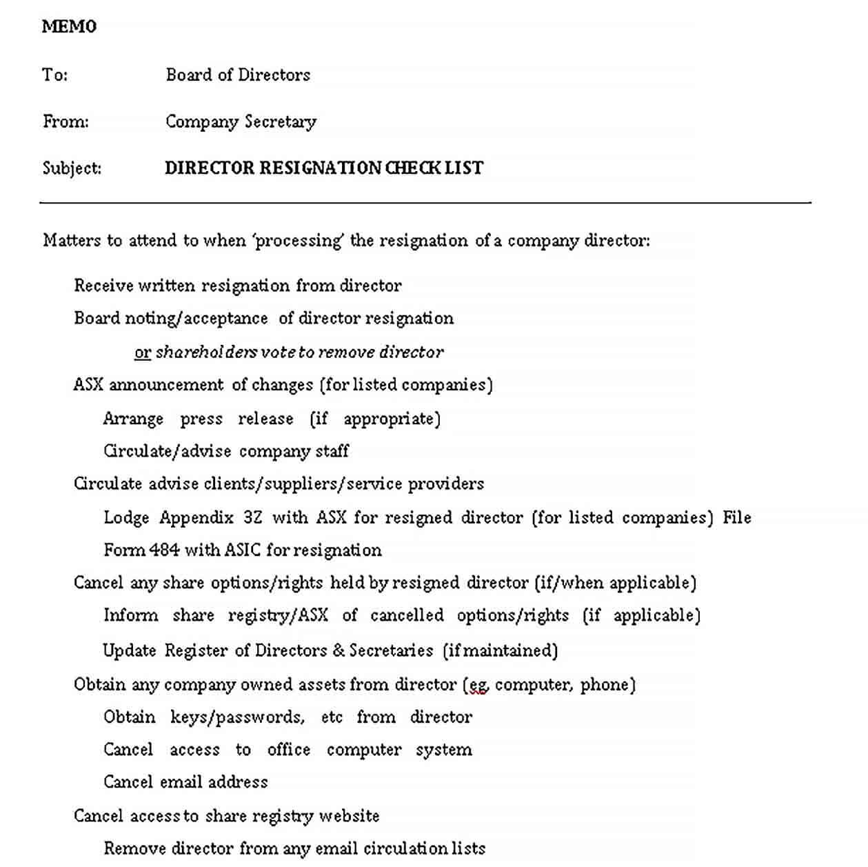 Sample Director Resignation Checklist Template