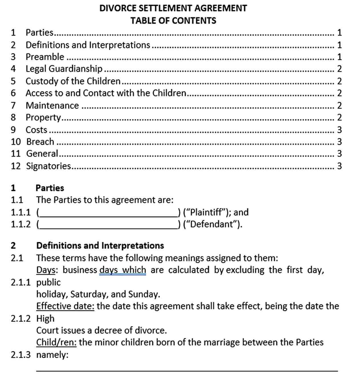 Sample Divorce Settlement Agreement Template PDF Format