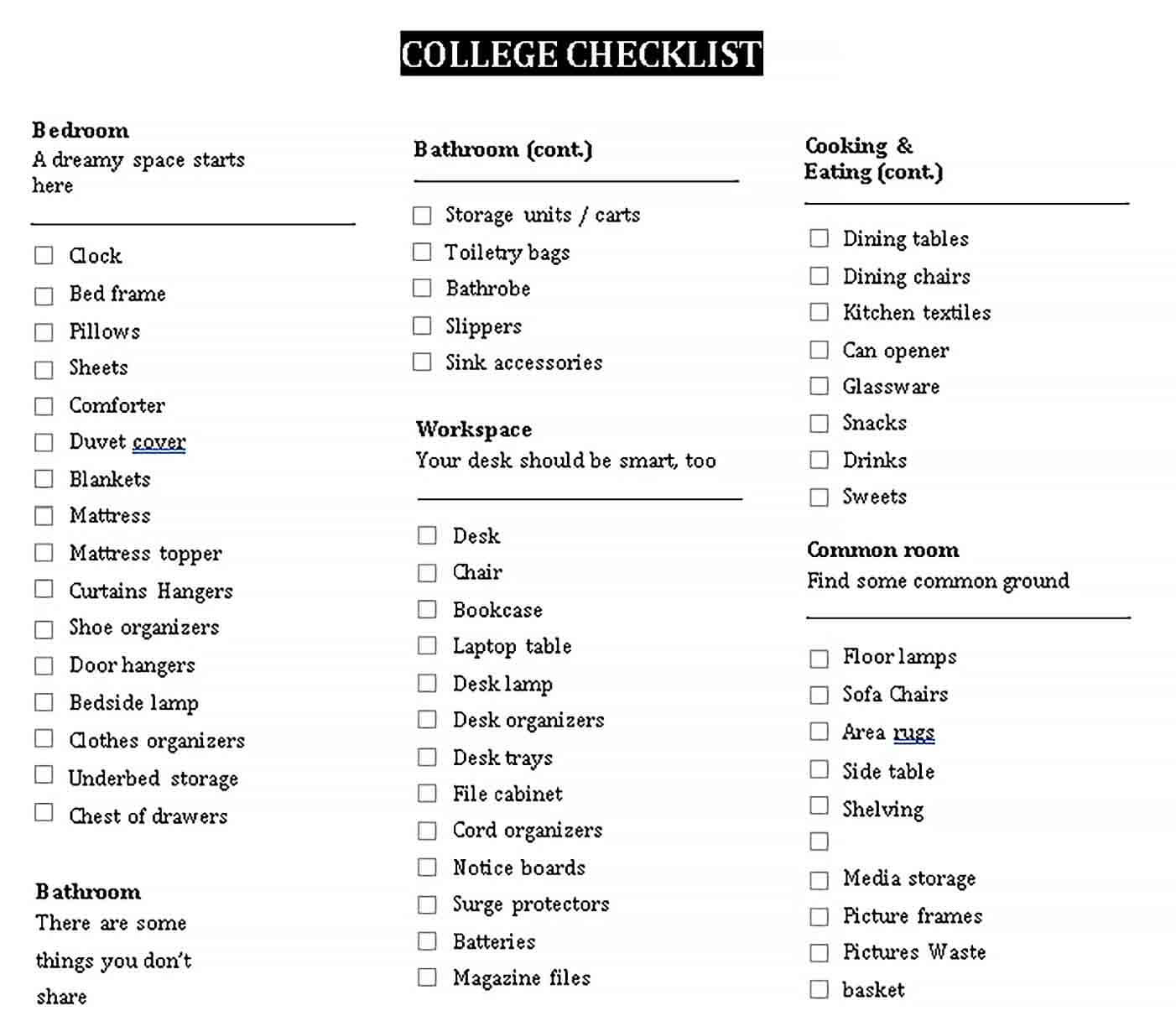 Sample Dorm Room Checklist for College