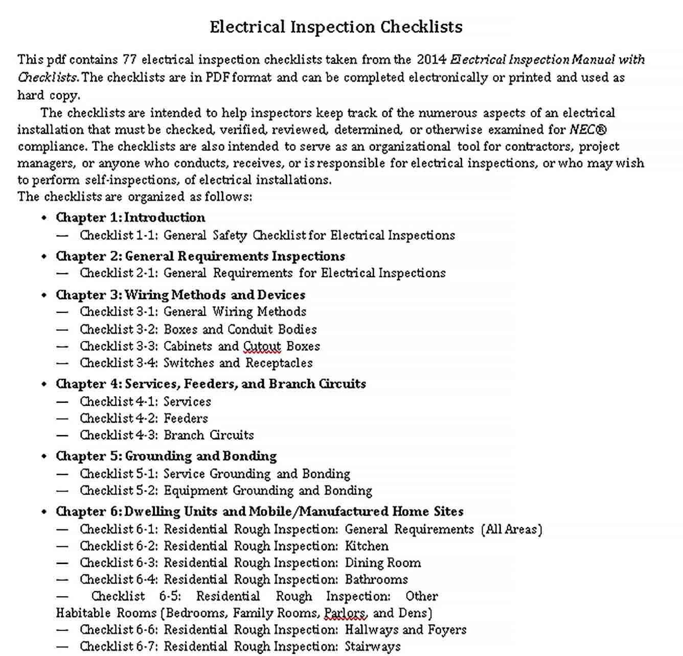 Sample Electrical Inspection Checklist