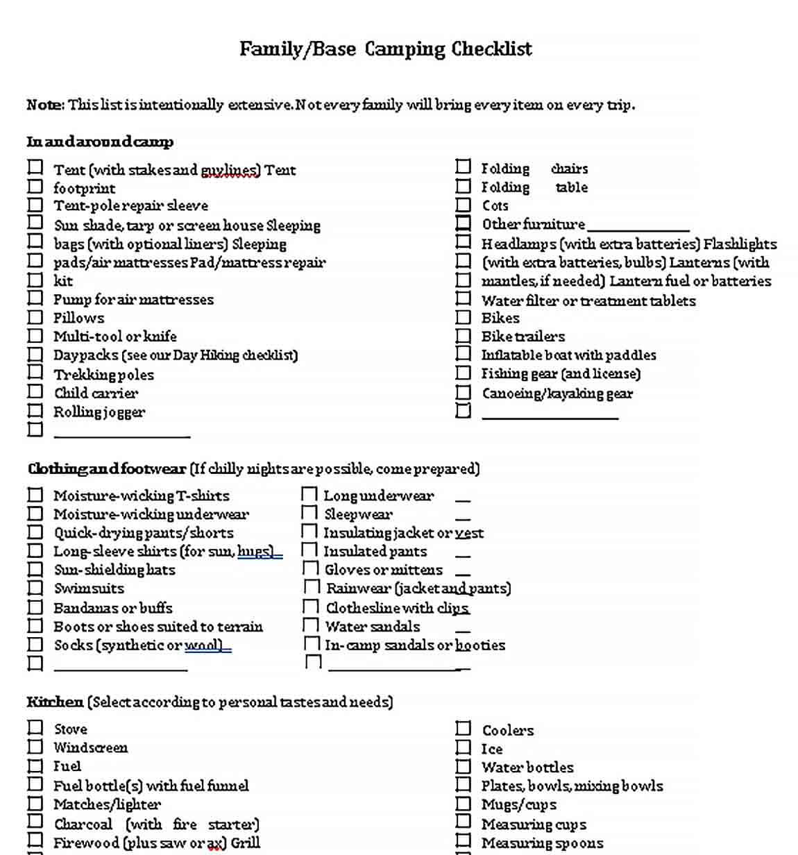Sample Family Camping Checklist
