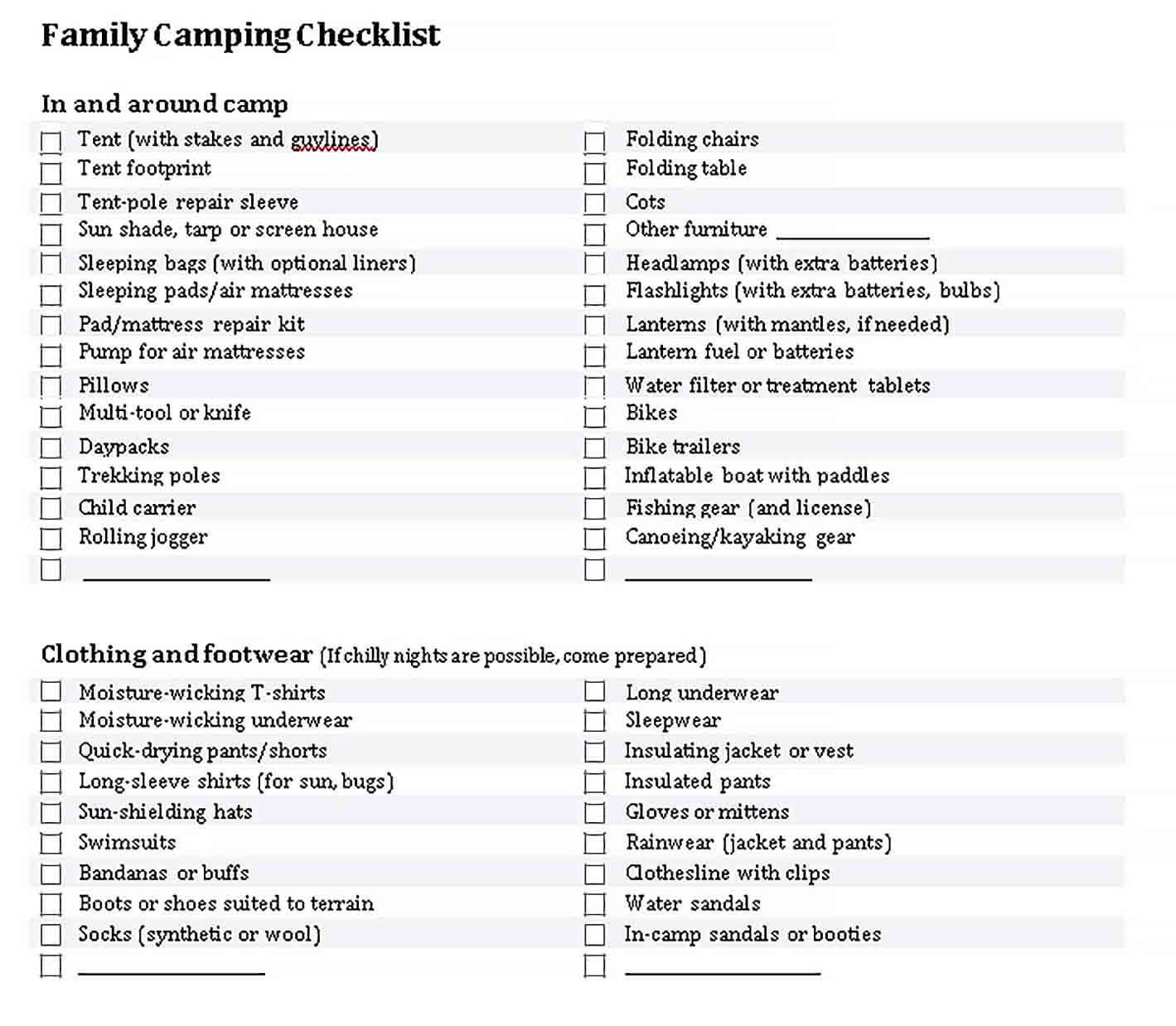 Sample Family Vaction Camping Checklist