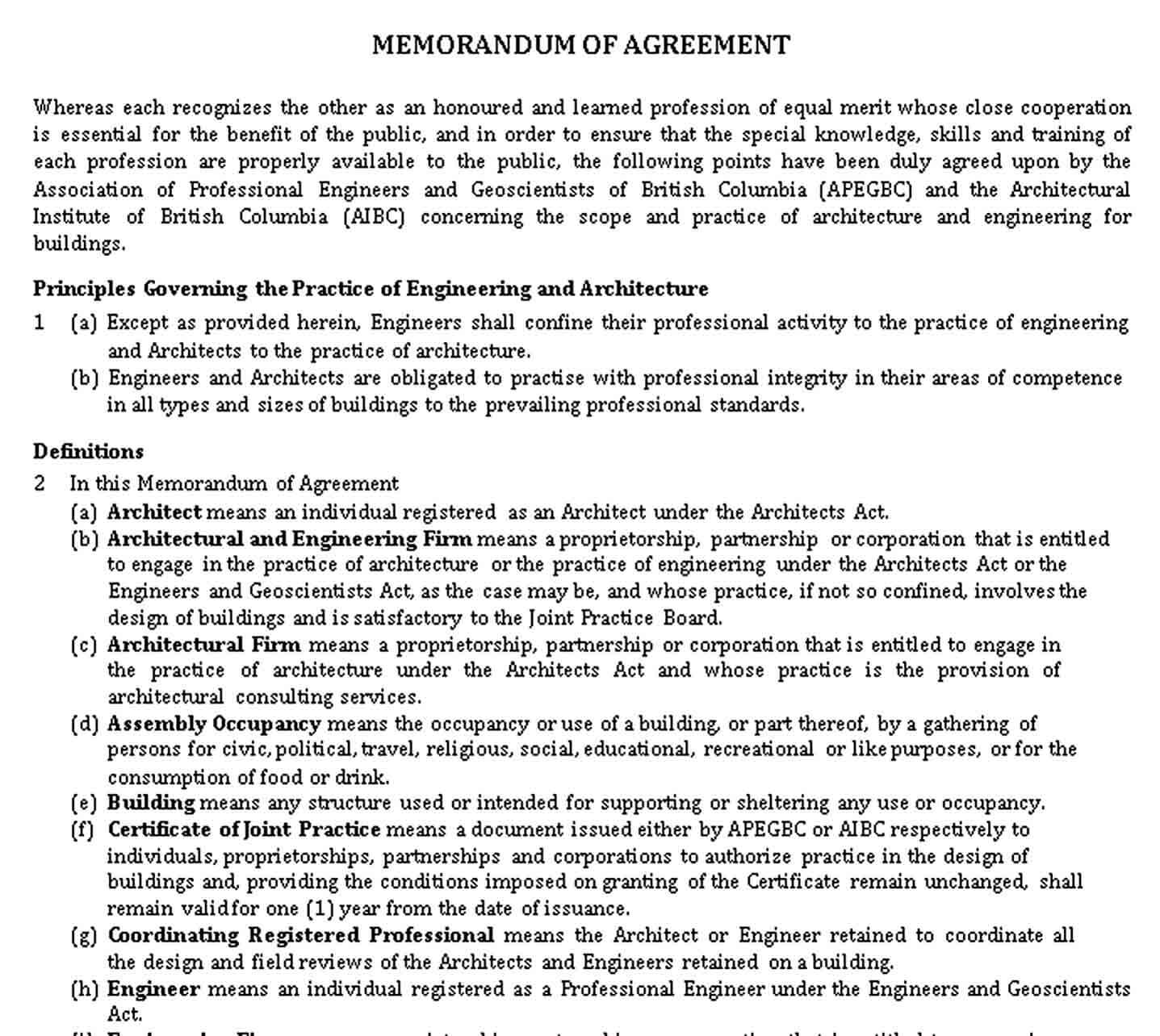 Sample Formal Memorandum Agreement for Engineers