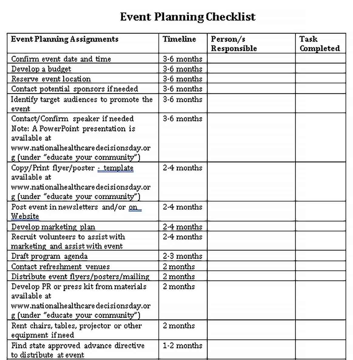 Sample Healthcare Event Planning Checklist