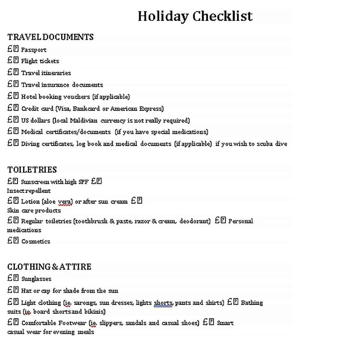 Sample Holiday Checklist Sample
