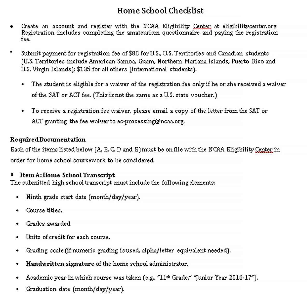 Sample Home School Checklist