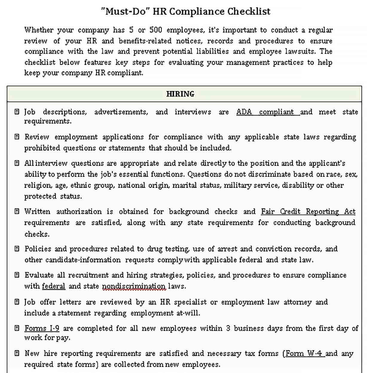 Sample Hr New Employee Checklist Template