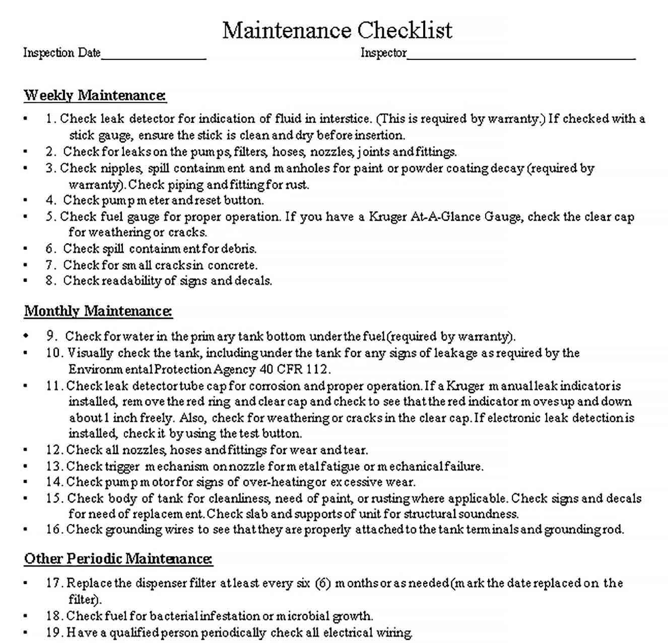 Sample Maintenance Checklist Example.