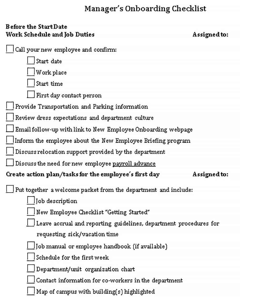 Sample Managers Onboarding Checklist PDF Format Template