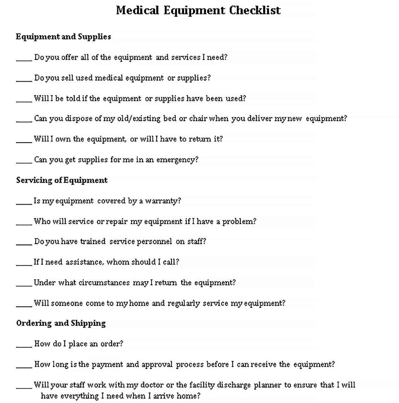 Sample Medical Equipment Checklist Template