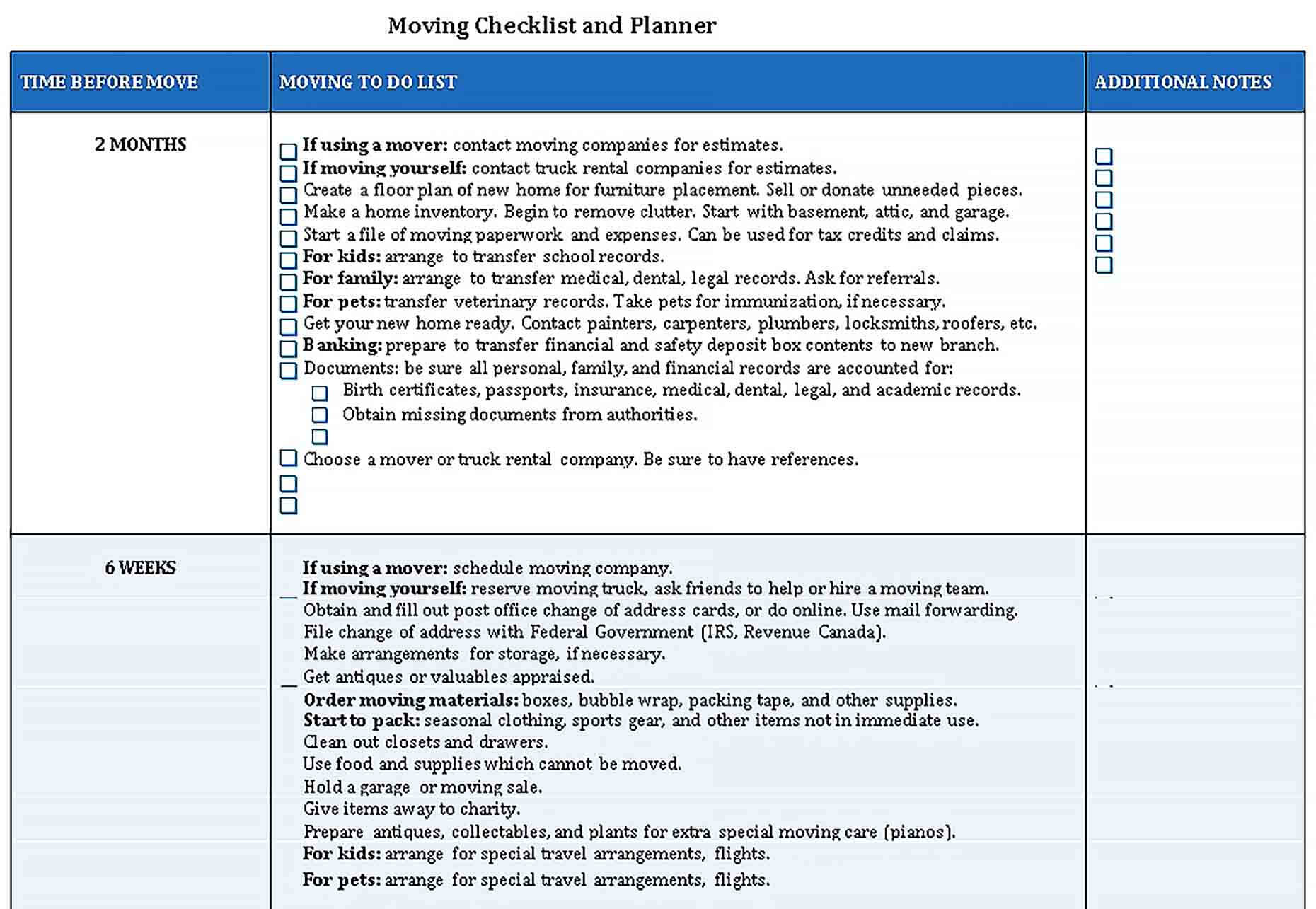 Sample Moving Packing Checklist