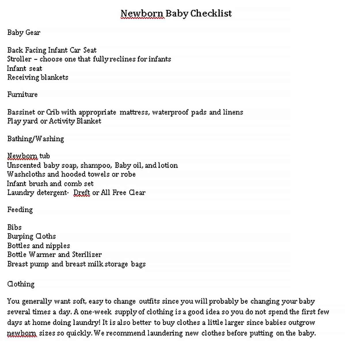Sample Newborn Packing Checklist 1