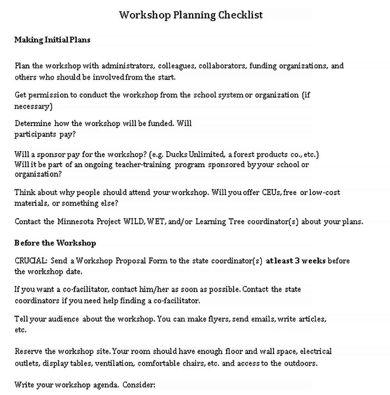 Sample One Day Workshop Planning Checklist